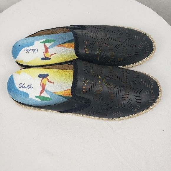 Olukai Kaula Olu lli Black Leather Espadrille Mules Sz 10 - Picture 5 of 7